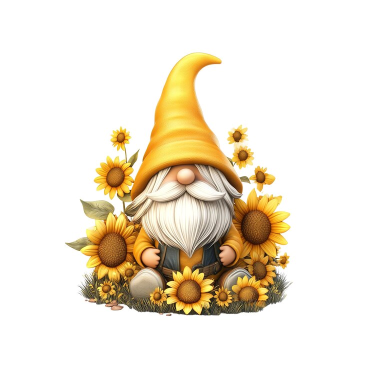 PSD un gnom jaune joyeux entouré de tournesols