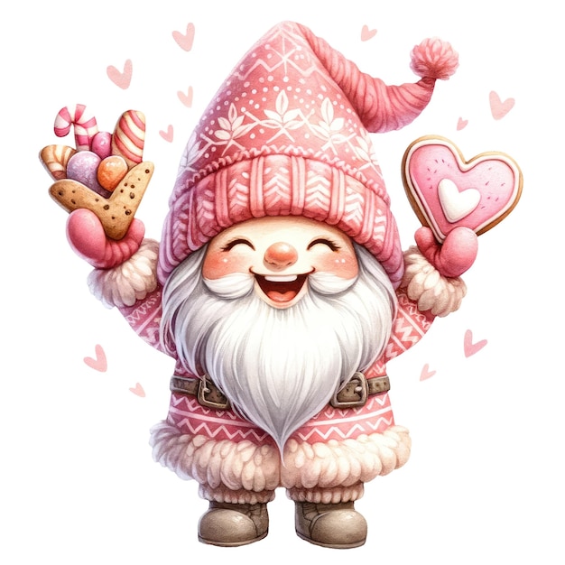 PSD gnome charmant tenant un cookie en forme de cœur valentin aquarelle illustration de clipart