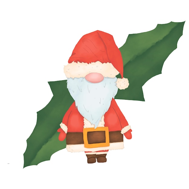 Gnome in un vestito rosso con pelliccia bianca e una cintura con una grande targa con illustrazione di foglie di aceto