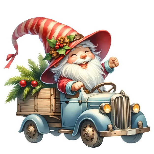 PSD gnomes mignons assis sur un camion vintage à l'aquarelle illustration de clipart