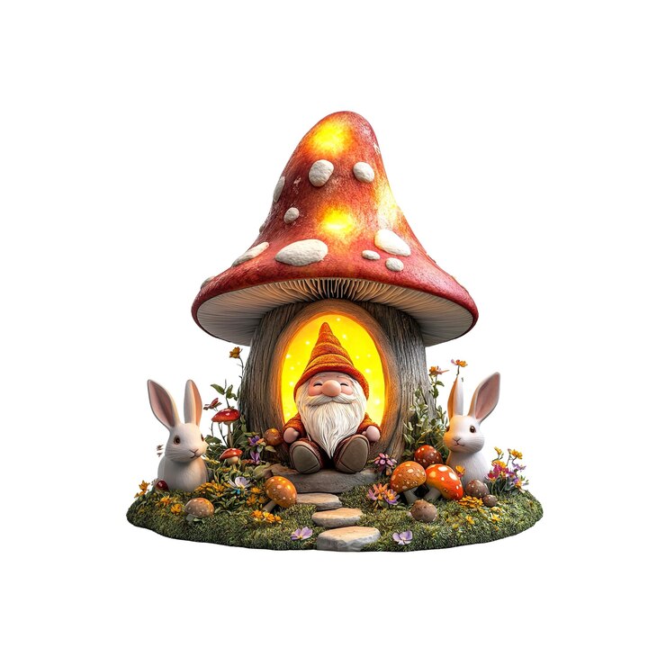 PSD gnomo encantador em uma casa de cogumelos iluminada com coelhos