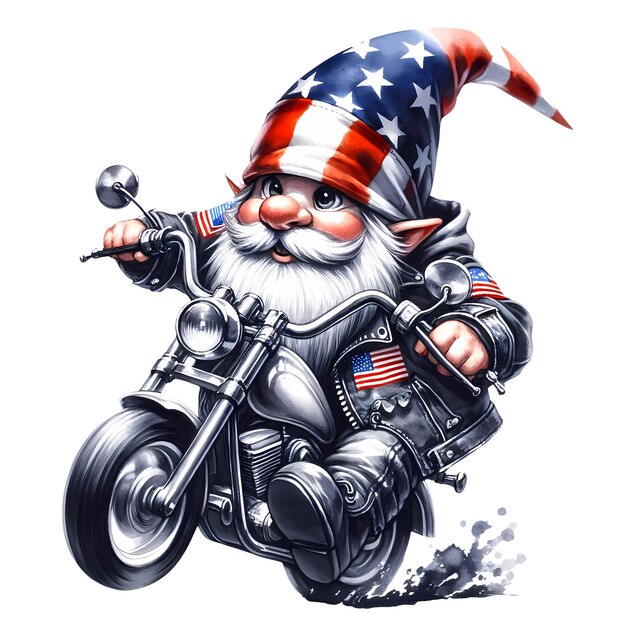 Gnomos bonitos andando de motocicleta ilustração de clipart de aquarela americana