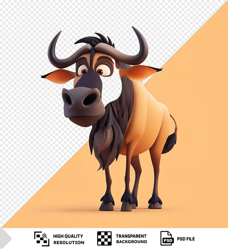 PSD gnu de dibujos animados en 3d migrando al suelo con sus distintivos cuernos curvos nariz negra y ojo blanco con sus patas visibles en primer plano