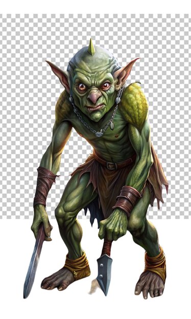 PSD un goblin débil con un cuchillo se está preparando para atacar aislado en fondo blanco