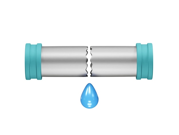 goccia d'acqua tubo rotto con icona di perdita d'acqua illustrazione di rendering 3D