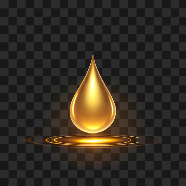 goccia d'olio dorata su sfondo trasparente oro liquido lucido PNG