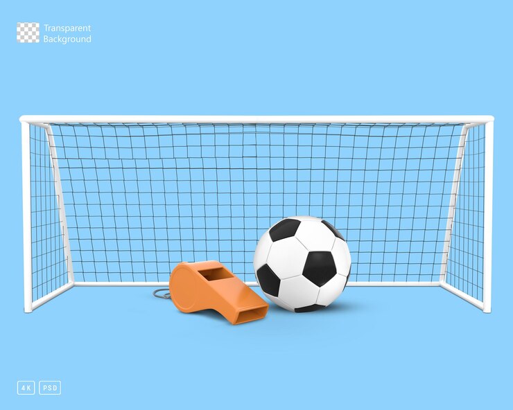 Gol de fútbol con pelota de fútbol y silbato vista frontal