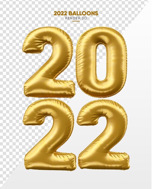 Gold 2022 Neujahr Ballon 3D-Rendering auf transparentem Hintergrund isoliert