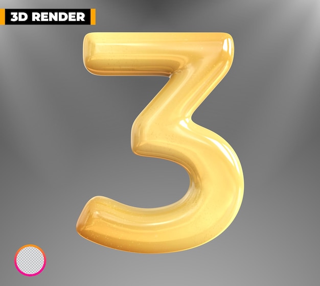 Gold 3 Nummer 3D-Rendering isoliert auf transparentem Hintergrund