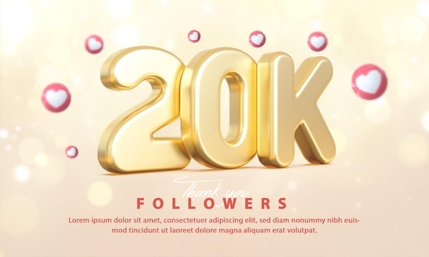 Gold 3d 20k seguidores gracias en las redes sociales