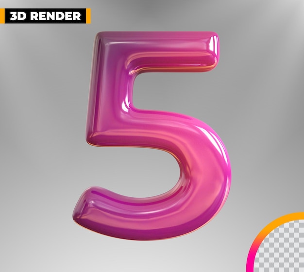 Gold 5 Nummer 3D-Rendering isoliert auf transparentem Hintergrund