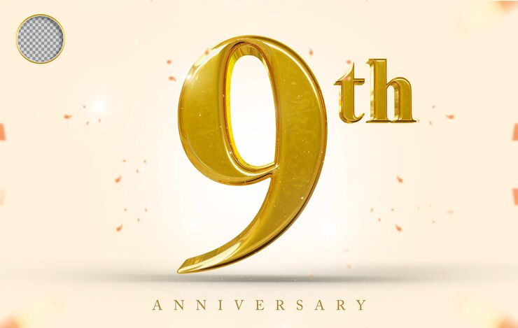 Gold 9th happy anniversary 3d rendering