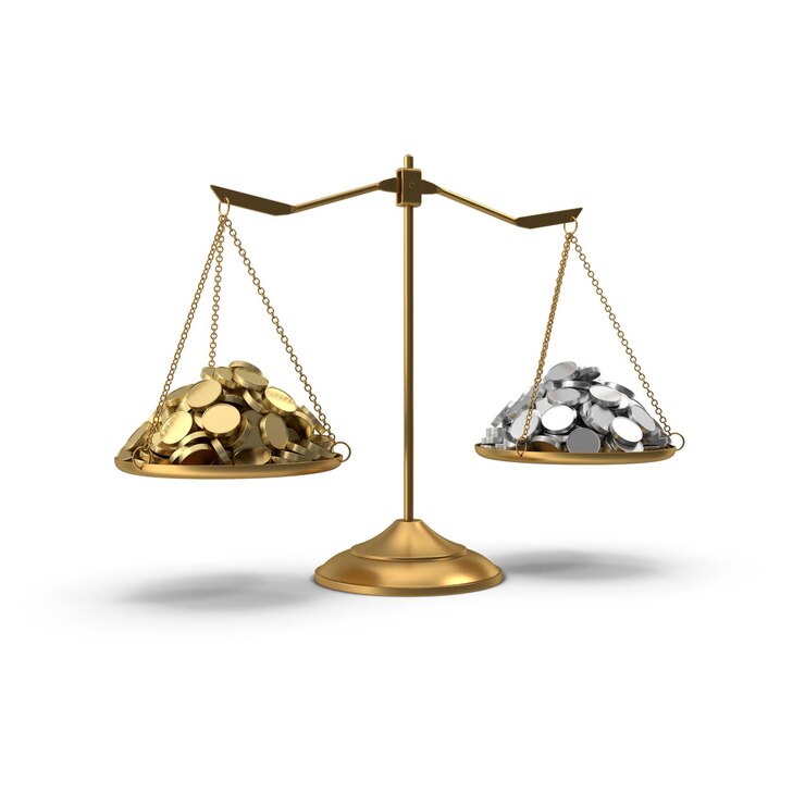 PSD gold and silver coins on a balance scale