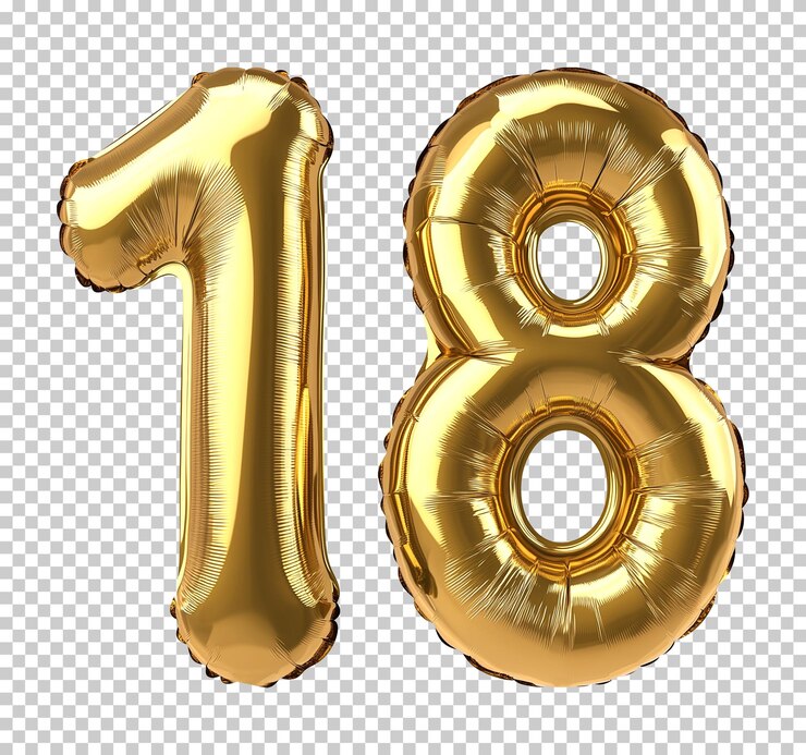 Gold Balloon Number 18 Eighteen for Birthday Party Anniversary on Transparent Background PNG
