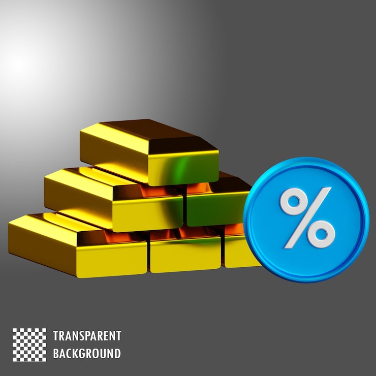 PSD gold bars and percentage coin 3d render for financial concepts