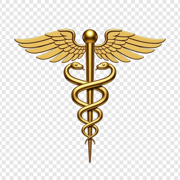 Gold Caduceus Medical Symbol with Wings and Snakes on transparent background