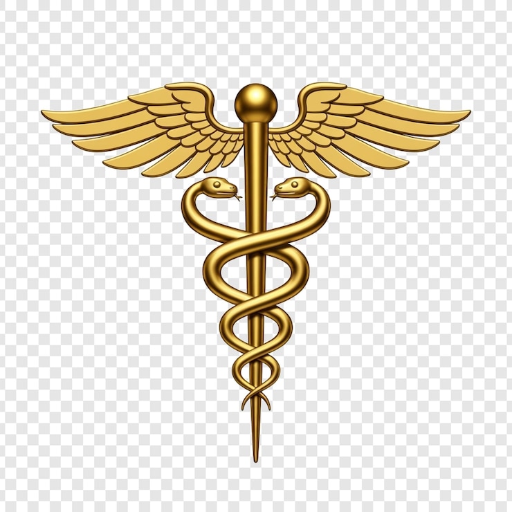 PSD gold caduceus medical symbol with wings and snakes on transparent background
