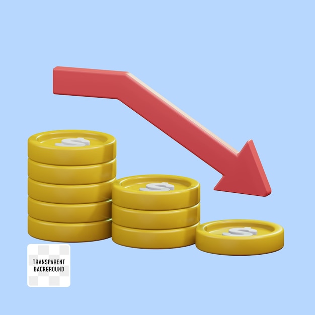 gold coin stack decrease with come down arrow for loss bankrupt financial problem 3d render icon illustration design
