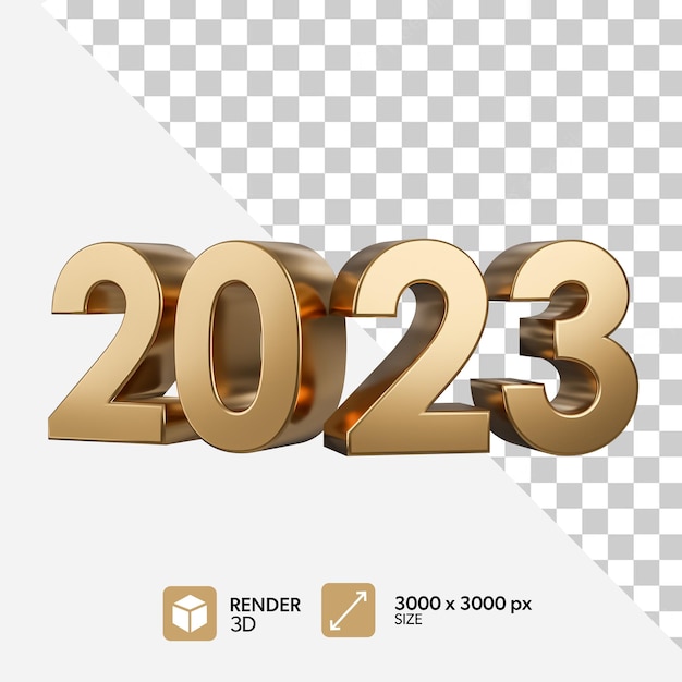 Gold metallic 2023 Frohes neues Jahr Text 3D-Render mit isoliertem Hintergrund