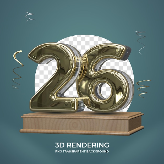 Gold Number 26 on stage 3d render transparent background