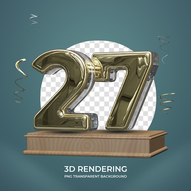 Gold Number 27 on stage 3d render transparent background