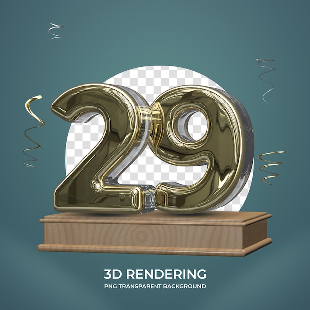 Gold Number 29 on stage 3d render transparent background