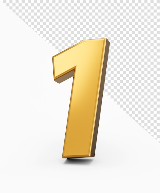 Gold Nummer 1 Eine isolierte, isolierte, glänzende 3D-Nummer 1 aus Gold, 3D-Illustration