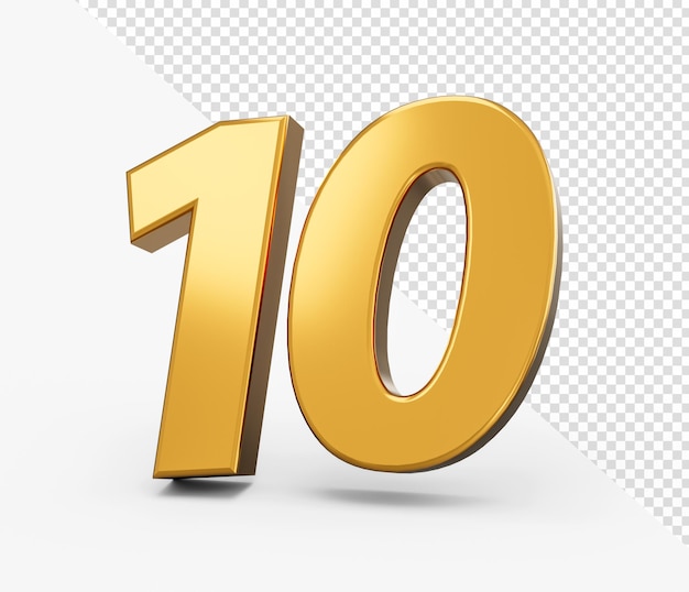 Gold Nummer 10 Zehn isolierte isolierte Hintergrund glänzend 3D Nummer 10 aus Gold 3D-Illustration