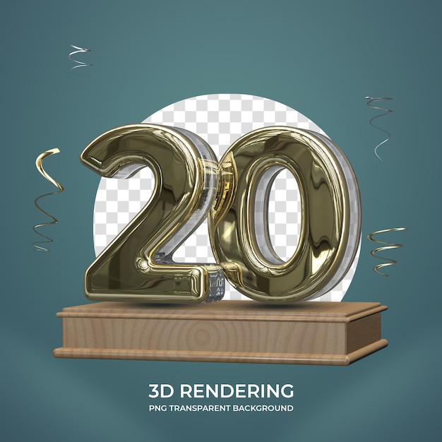 Gold Nummer 20 auf der Bühne 3D rendern transparenten Hintergrund
