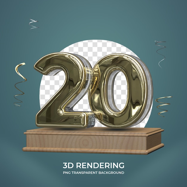 PSD gold nummer 20 auf der bühne 3d rendern transparenten hintergrund