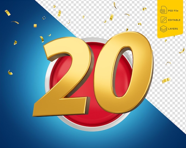 Gold Nummer 20 Gold Nummer Zwanzig auf abgerundetem rotem Icon mit Partikeln 3d-Illustration