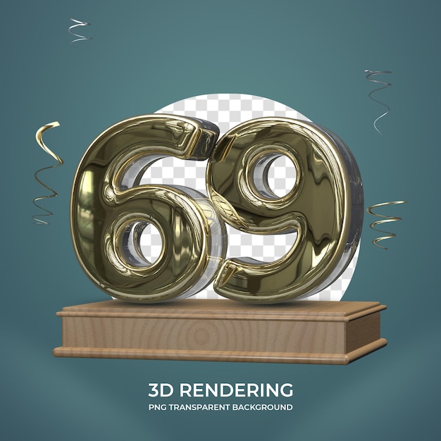 PSD gold nummer 69 auf der bühne 3d rendern transparenten hintergrund