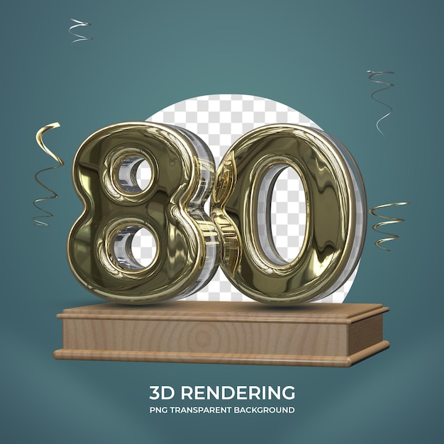 Gold nummer 80 auf der bühne 3d rendern transparenten hintergrund