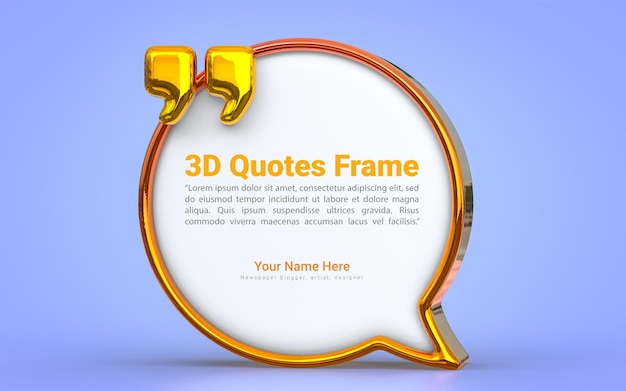 Gold quote box frame template vazio blogging template on blue background 3d render conceito para mensagens de texto