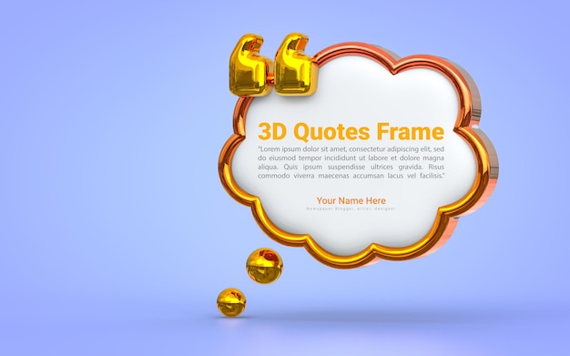 Gold Quote box frame template vazio blogging template on blue background 3d render conceito para mensagens de texto