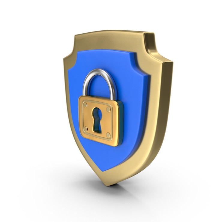 PSD gold shield with padlock symbol of security and protection