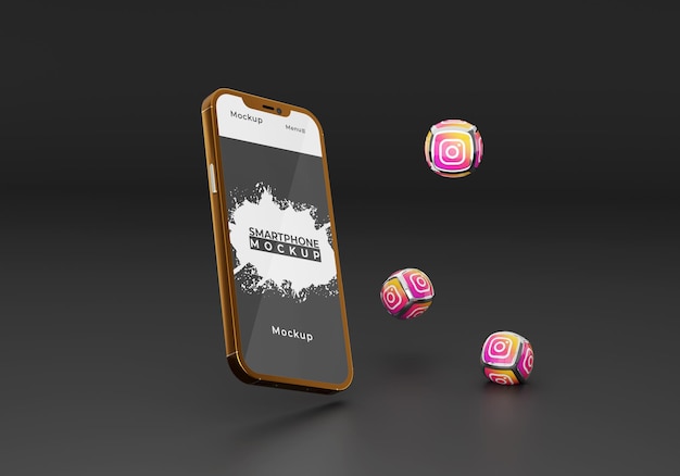 PSD gold-smartphone-mockup-design mit eleganten social-media-symbolen