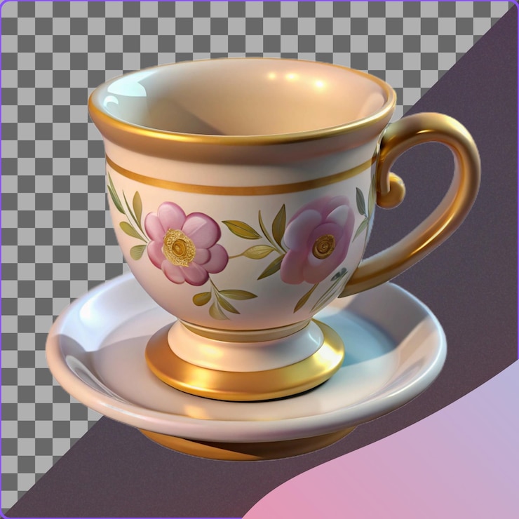 PSD gold trimmed teacup with floral design