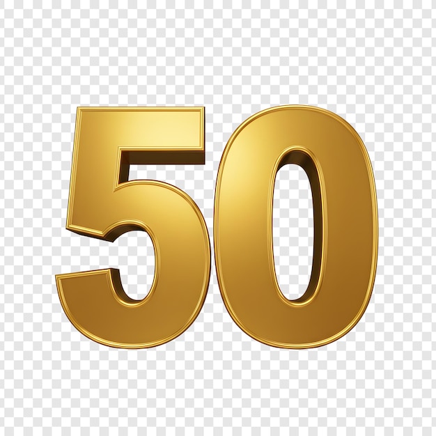 Golden 3D Nummer 50 isoliert auf durchsichtigem Hintergrund