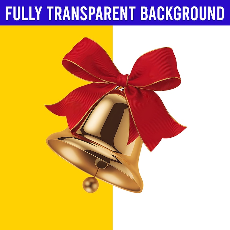 PSD golden bell with red ribbon bow for christmas with transparent background