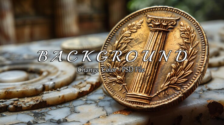 PSD golden coin with a column and laurel wreath design