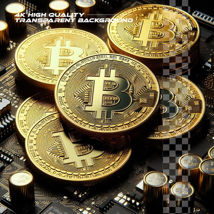 PSD golden coins with bitcoin symbol on a mainboard on transparent background