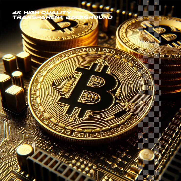 PSD golden coins with bitcoin symbol on a mainboard on transparent background