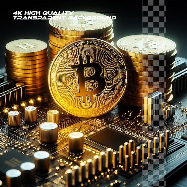 PSD golden coins with bitcoin symbol on a mainboard on transparent background