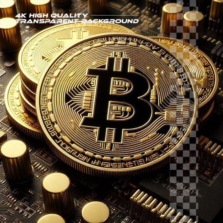 PSD golden coins with bitcoin symbol on a mainboard on transparent background