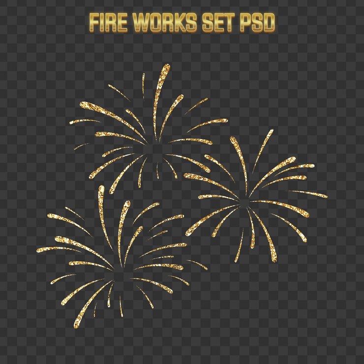 Golden Fireworks Set PSD Impresionante brillo Fuegos artificiales superposición Efectos de celebración festiva