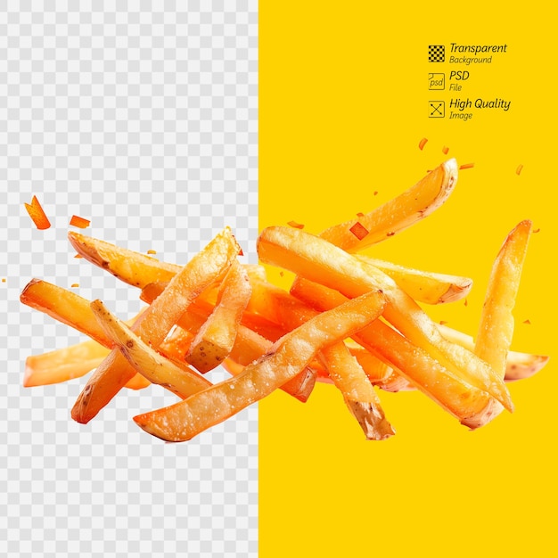 PSD golden french fries flying on transparent background