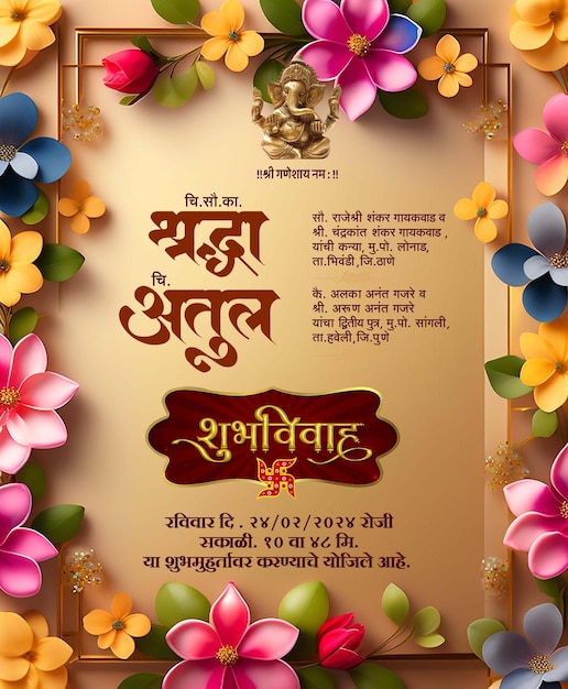 Golden Ganesh Avec Cadre Floral Carte D'invitation De Mariage L Krishyamdesigns