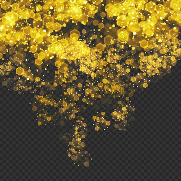 Golden Glittering Light Particles And Hexagonal Shaped Sparks Overlay on a transparent background