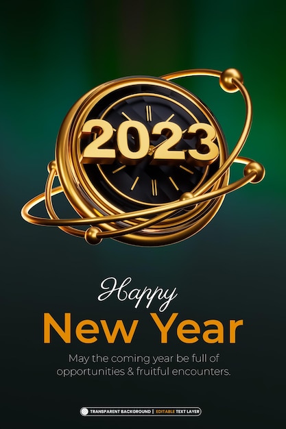 PSD golden happy new year 2023 concepto de diseño de banner de texto 3d